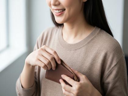 笑顔で財布を取り出す女性のクローズアップ