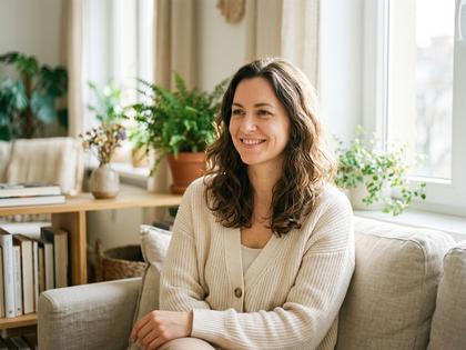 自然光の入る部屋で柔らかく微笑む30代女性のポートレート風写真