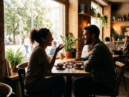 カフェで楽しそうに会話する男女のシルエット、自然光の柔らかい雰囲気