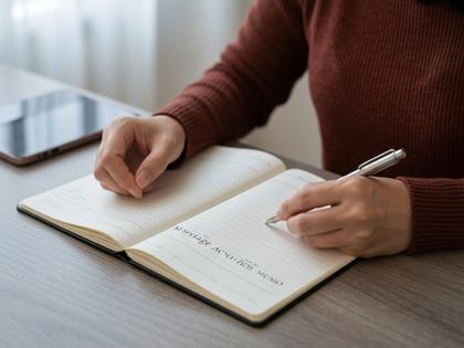 ノートに婚活の振り返りメモを書いている女性の手元