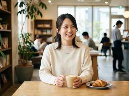 カフェで微笑む清潔感のある女性のポートレート