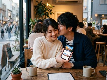 スマホを見ながら気のないキスをするカップル