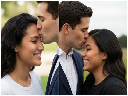 おでこにキスをする男性と微笑む女性