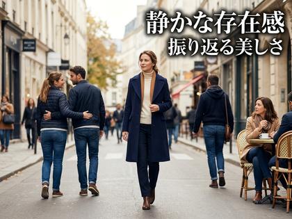 街中で振り返られる落ち着いた服装の女性