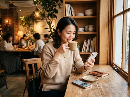 カフェでスマホを片手にコーヒーを飲む20代後半の女性のライフスタイル写真