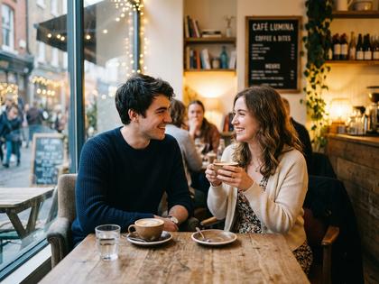 2人の男女がカフェで初対面のデートをしている柔らかな雰囲気の写真