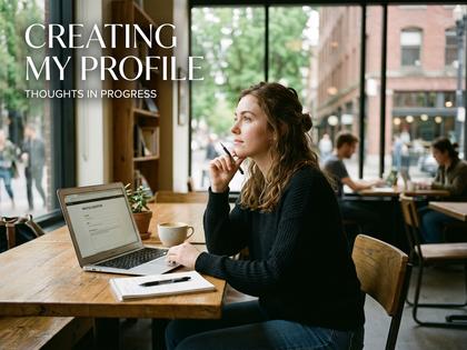ノートパソコンでプロフィールを書きながら考え込む女性のシーン