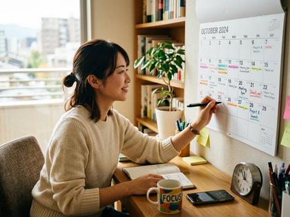 カレンダーと時計を眺めて予定を立てる女性のイメージ