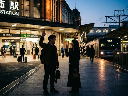 駅前で笑顔で手を振り合う男女のシルエット