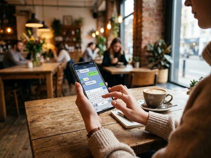 スマートフォンでメッセージのやり取りをする女性の手元、おしゃれなカフェ