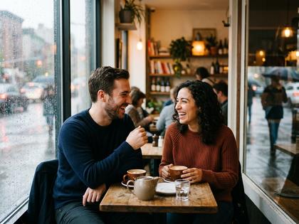 雨の日の窓際カフェで談笑する男女のイメージ