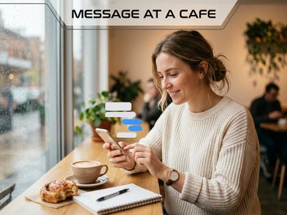 スマホを見ながらカフェでメッセージをやり取りする女性のイメージ