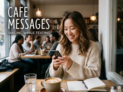 カフェでスマートフォンを見ながらメッセージのやり取りに笑顔を見せる女性