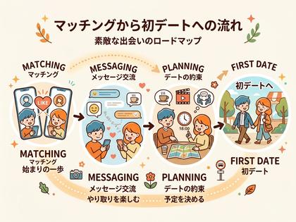 マッチングから初デートまでの流れをイメージしたイラスト