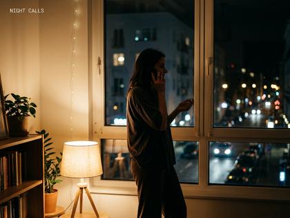 夜の自宅でルームライトを灯しながらスマホで通話する女性のシルエット