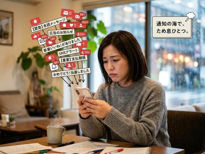 スマホの通知を見てため息をつく女性