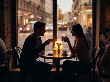 カフェでデートする男女のシルエット