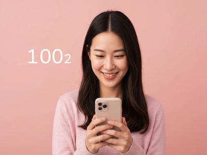 スマホを見つめて微笑む若い女性、淡いピンクの背景