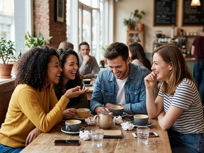 カフェで友達同士が笑顔で恋愛の話をしているシーン