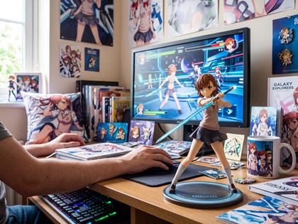 アニメキャラクターのフィギュアとゲーム画面、推し活グッズが並ぶデスク