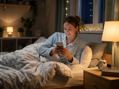 ベッドでスマホを見ながら微笑む女性、夜の部屋の柔らかい照明