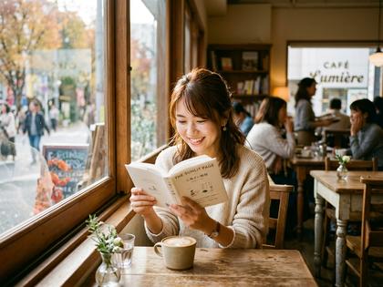 カフェで本を読みながら微笑む女性、窓から差し込む光