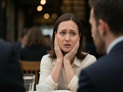 カフェで話を聞きながら困った表情の女性