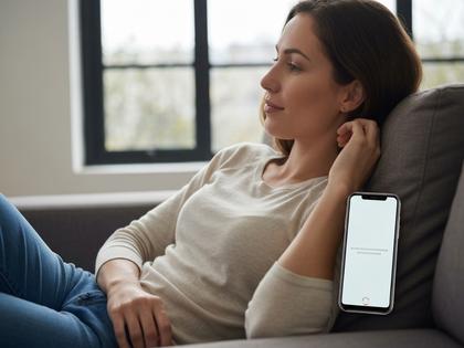 ソファでスマホを置いてリラックスする女性