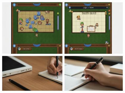 推理ゲームのプレイ画面と、メモを取る手元の写真