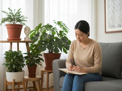 観葉植物のあるリビングで、ノートに何かを書き込む女性