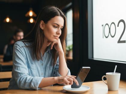 スマホでマッチングアプリを開きながらカフェで考え込む20代女性のイメージ