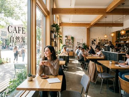 自然光が差し込む明るいおしゃれなカフェの店内