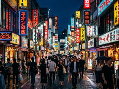 夜の繁華街でネオン看板が並ぶ通りの様子