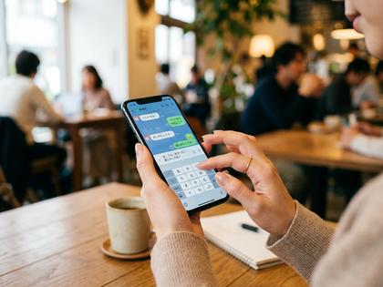 スマートフォンでメッセージのやり取りをしている女性の手元