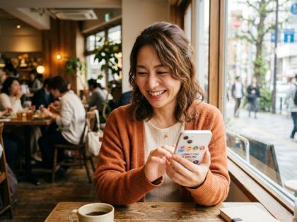 スマホを見て微笑むアラサー女性のイメージ写真