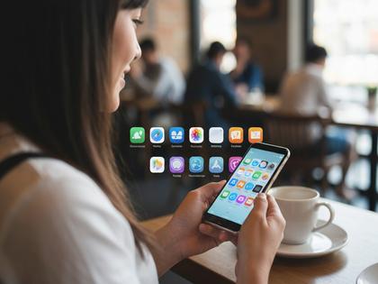 カフェでスマホを操作する女性とアプリのアイコンが並ぶイメージ