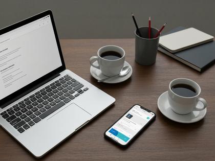 ノートパソコンとコーヒー、アプリ画面が映ったスマホのある作業デスク