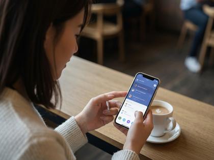 スマホを片手にカフェでアプリ画面を見比べている20代女性のイメージ写真