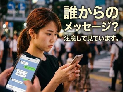 スマホでメッセージのやり取り画面を見て警戒している女性のイメージ