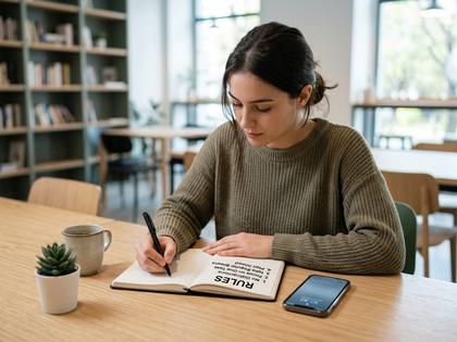 スマホとノートを並べて自分でルールを書き出している女性のイメージ