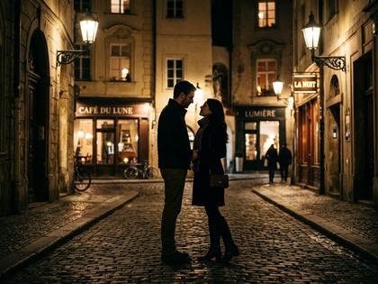 夜の街で見つめ合う男女のシルエット