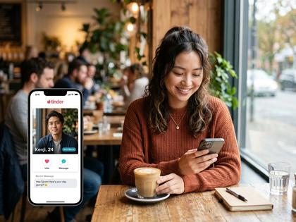 スマホでマッチングアプリの画面を眺める20代女性、カフェのテーブルで穏やかに微笑む様子