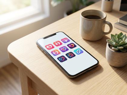 スマートフォンに並んだ複数のマッチングアプリのアイコンイメージ、明るいデスク上