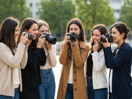 友達同士でカメラを向け合い、屋外でプロフィール写真を撮影する女性たちの様子
