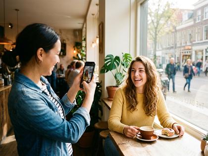カフェの窓際で笑顔の女性をスマホで撮影する友人、明るい雰囲気