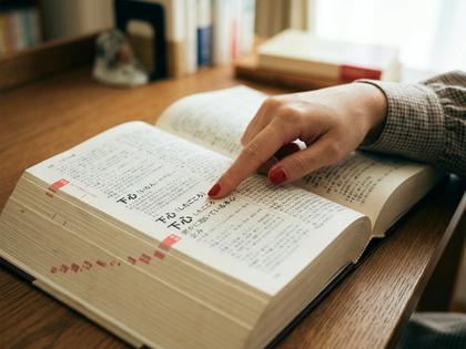 辞書を開いて「下心」という文字を指さしている女性のイメージ