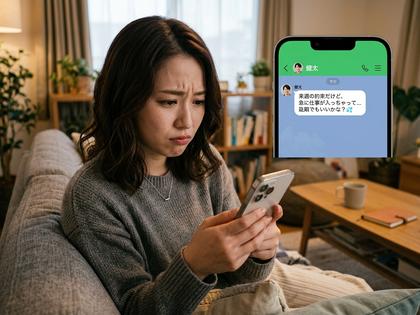 スマホで男性からのLINEを見て眉をひそめる女性