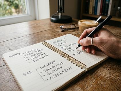 ノートに類語を書き出しているシーン