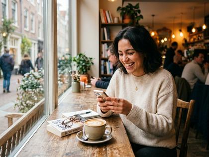 カフェでスマホを見ながら微笑む20代女性、テーブルにはコーヒーと本