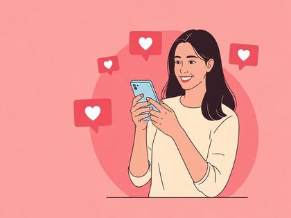 笑顔でスマホを操作する女性、ピンクの背景にハートのアイコン